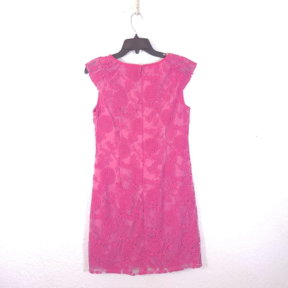 ADRIANNA PAPELL Eyelet Boho Overlay Fuchsia Dress - Picture 9 of 13